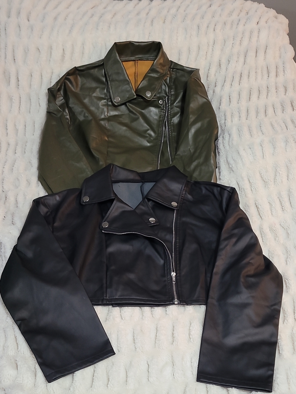 Lightweight Set Of 2 Faux Leather Cropped Biker Jackets Black/Olive NEW